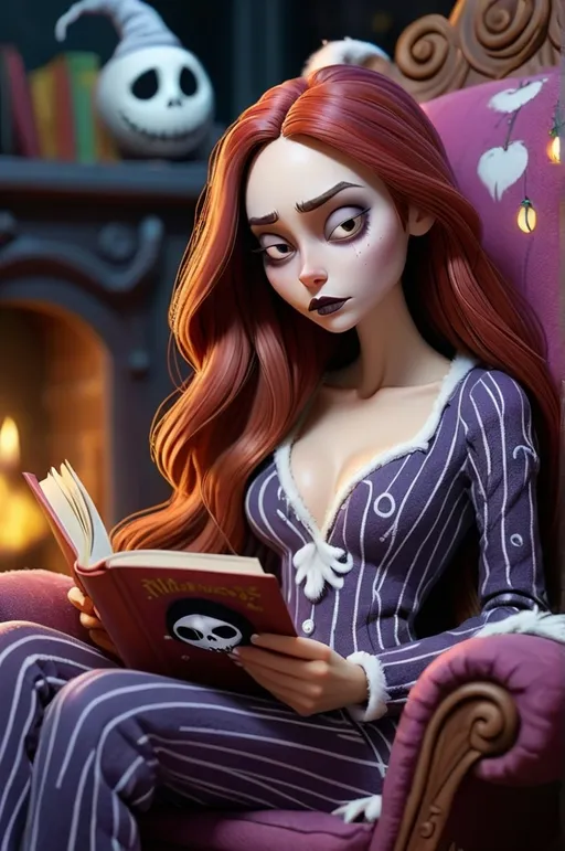 Prompt: woman, long hair in pajamas in cozy big chair reading book fantasy, whimsical, gothic.mythical (nightmare before christmas art style) UHD, 4k,intricately detailed, deep colors, high contrast (UHD, 4k,intricately detailed, deep colors, high contrast)