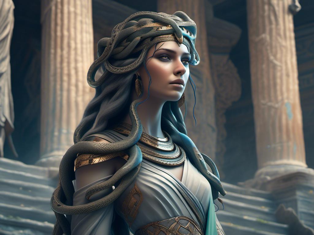 Prompt: <mymodel>Greek woman with snakes for hair (grey skin) (medusa)  in ancient Greek clothing, in temple. guarding tomb . detailed, realistic, 4k, high saturation of color,  high contrast