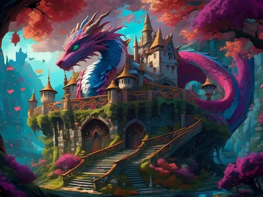 Prompt: <mymodel> dragon in castle (Alice in Wonderland art style) .UHD, 4k,intricately detailed, deep colors, high contrast (UHD, 4k,intricately detailed, deep colors, high contrast)