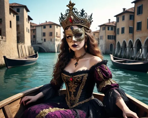 Prompt: Masquerade queen sitting in boat in medieval italy fantasy, whimsical, gothic.mythical UHD, 4k,intricately detailed, deep colors, high contrast (UHD, 4k,intricately detailed, deep colors, high contrast)