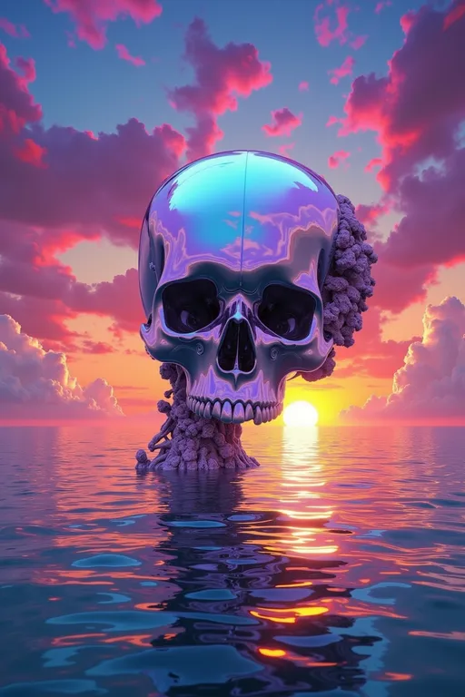 Prompt: a skull floating in the ocean with a colorful sky behind it and a sunset in the background with clouds, Alex Grey, psychedelic art, highly detailed digital painting, computer graphics
