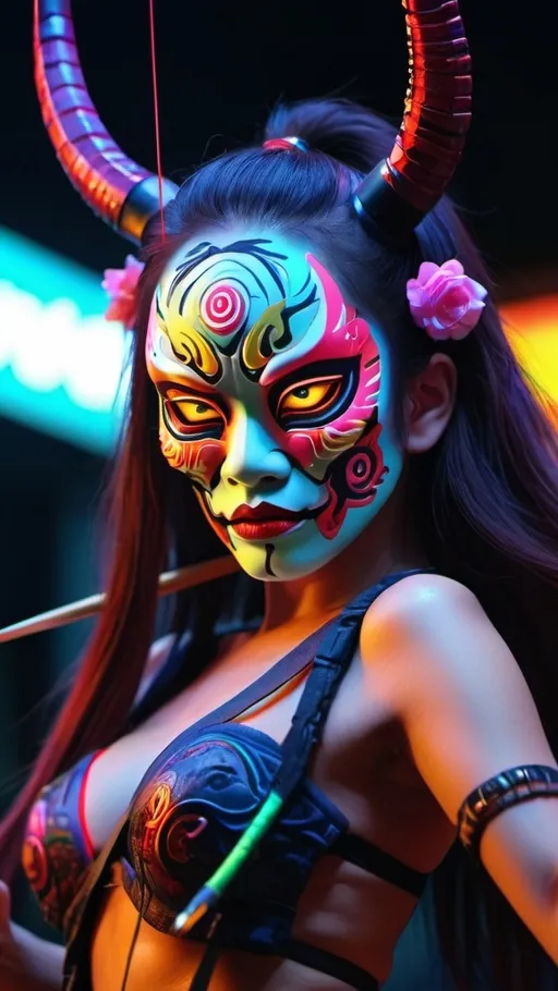 Prompt: <mymodel> neon colors Japanese oni mask woman dancing  long hair,  night time cyber punk  bow and arrow aimed.UHD, 4k,intricately detailed, deep colors, high contrast (UHD, 4k,intricately detailed, deep colors, high contrast)