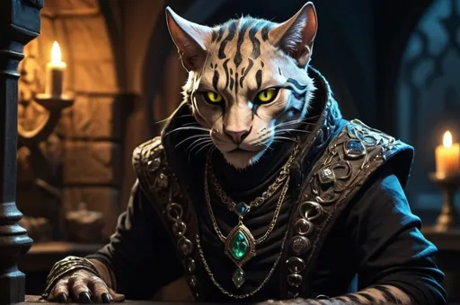 Prompt: khajiit male rogue stealing jewelry in the night  fantasy, whimsical, gothic.mythical UHD, 4k,intricately detailed, deep colors, high contrast (UHD, 4k,intricately detailed, deep colors, high contrast)