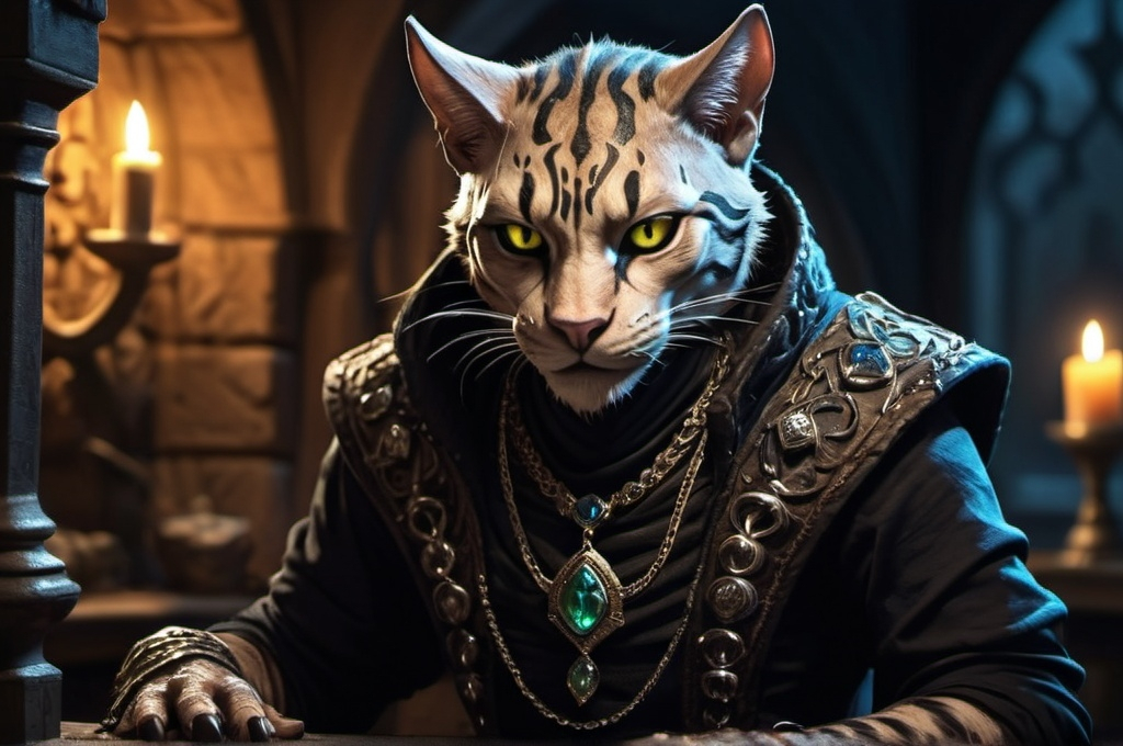 Prompt: khajiit male rogue stealing jewelry in the night  fantasy, whimsical, gothic.mythical UHD, 4k,intricately detailed, deep colors, high contrast (UHD, 4k,intricately detailed, deep colors, high contrast)