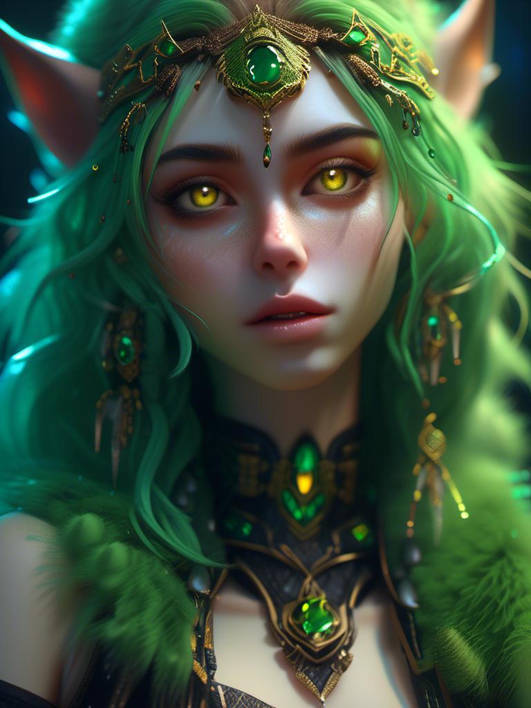 Prompt: <mymodel> anthro furry mammal female woman (green fur) (yellow eyes) (gothic) , UHD, 4k,intricately detailed, deep colors, high contrast (UHD, 4k,intricately detailed, deep colors, high contrast)