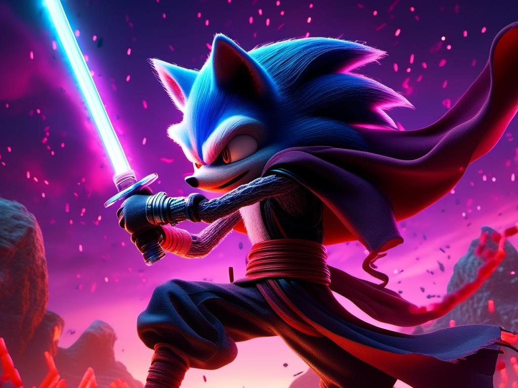 Prompt: <mymodel> sonic the hedgehog as a Sith Lord with light saber UHD, 4k,intricately detailed, deep colors, high contrast (UHD, 4k,intricately detailed, deep colors, high contrast)