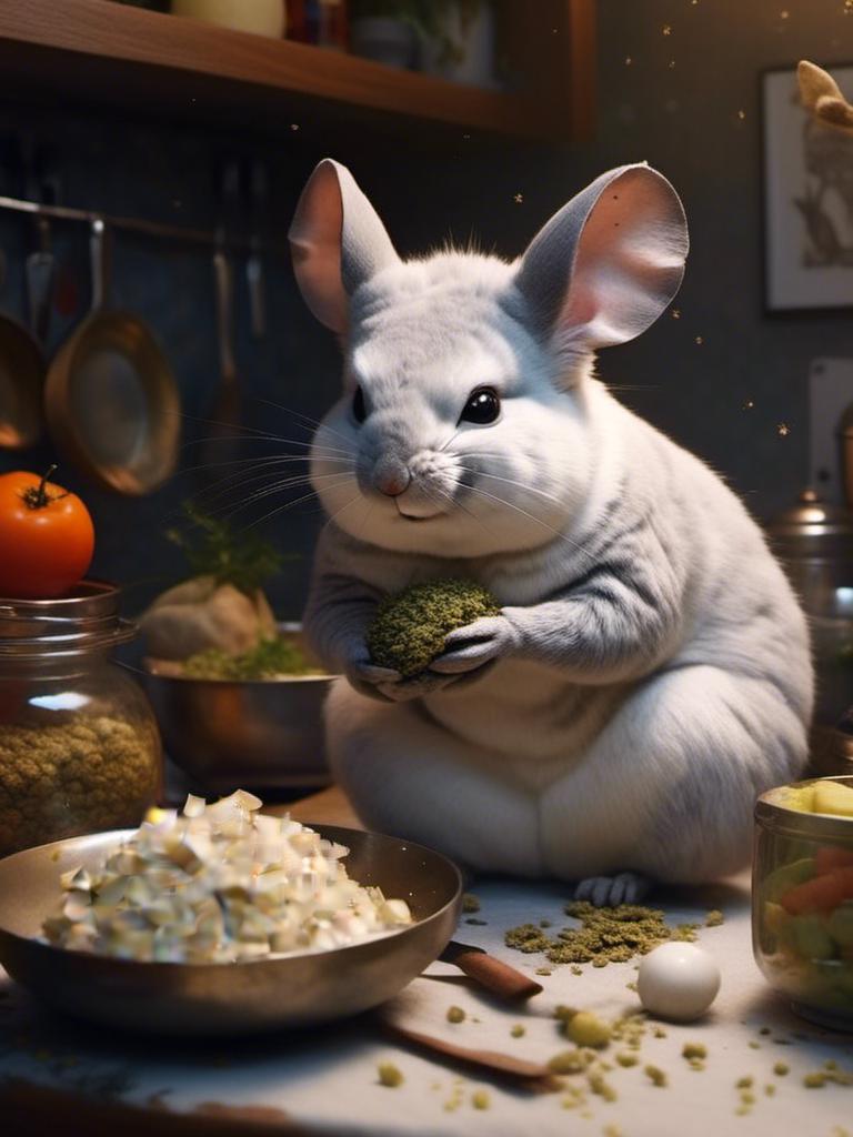 Prompt: <mymodel> (anthro) (furry)chinchilla cooking in kitchen sophisticated elegant detailed, realistic, 4k, high saturation of color,  high contrast