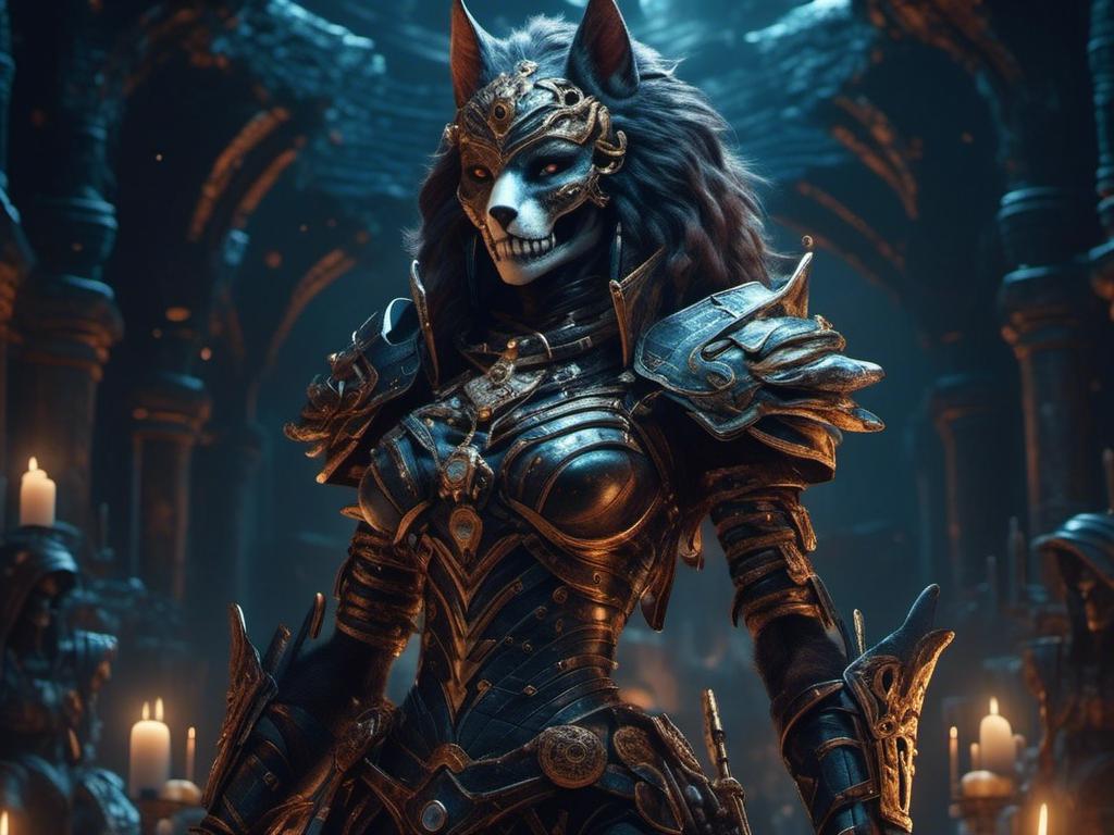 Prompt: <mymodel>skeleton wolf anthro female queen, warrior, elegant armor in dark tomb, moonlit, dungeons and dragons art style (UHD, 4k,intricately detailed, deep colors, high contrast)