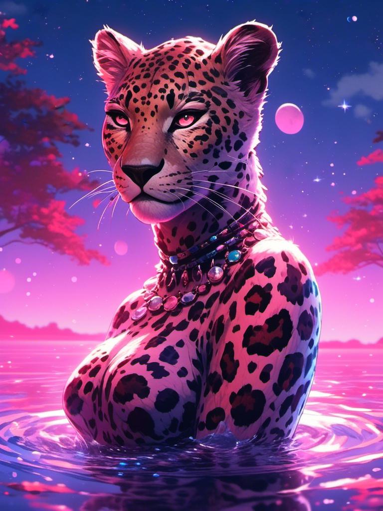 Prompt: <mymodel> anthro furry leopard female woman (pearly iridescent  fur) (pink eyes) (water element) starry and mystical being , UHD, 4k,intricately detailed, deep colors, high contrast (UHD, 4k,intricately detailed, deep colors, high contrast)