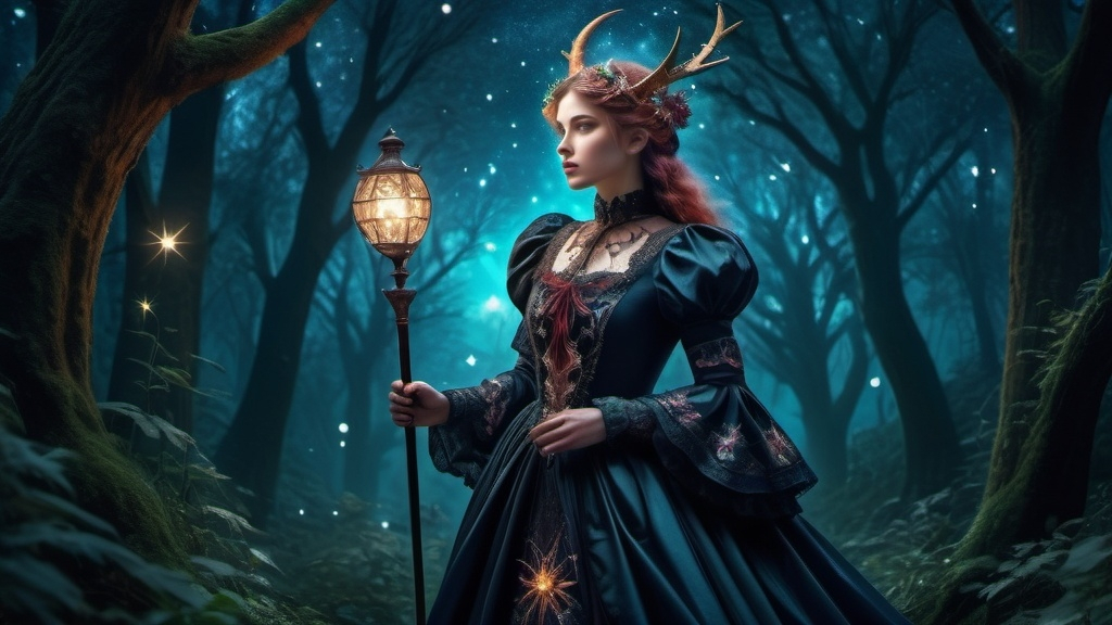 Prompt: character, mystical, starry, in beautiful Victorian clothing, in fantasy forest (Sagittarius) (UHD, 4k,intricately detailed, deep colors, high contrast)