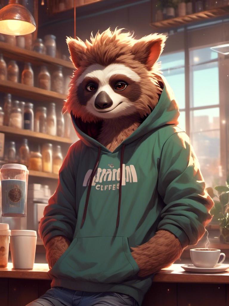 Prompt: <mymodel> anthro furry cute sloth man, wearing oversized hoodie and leggings, at coffee bar 