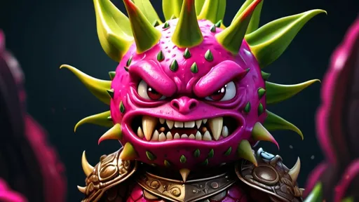 Prompt: angry dragonfruit warrior cartoon, illustration (UHD, 4k,intricately detailed, deep colors, high contrast)