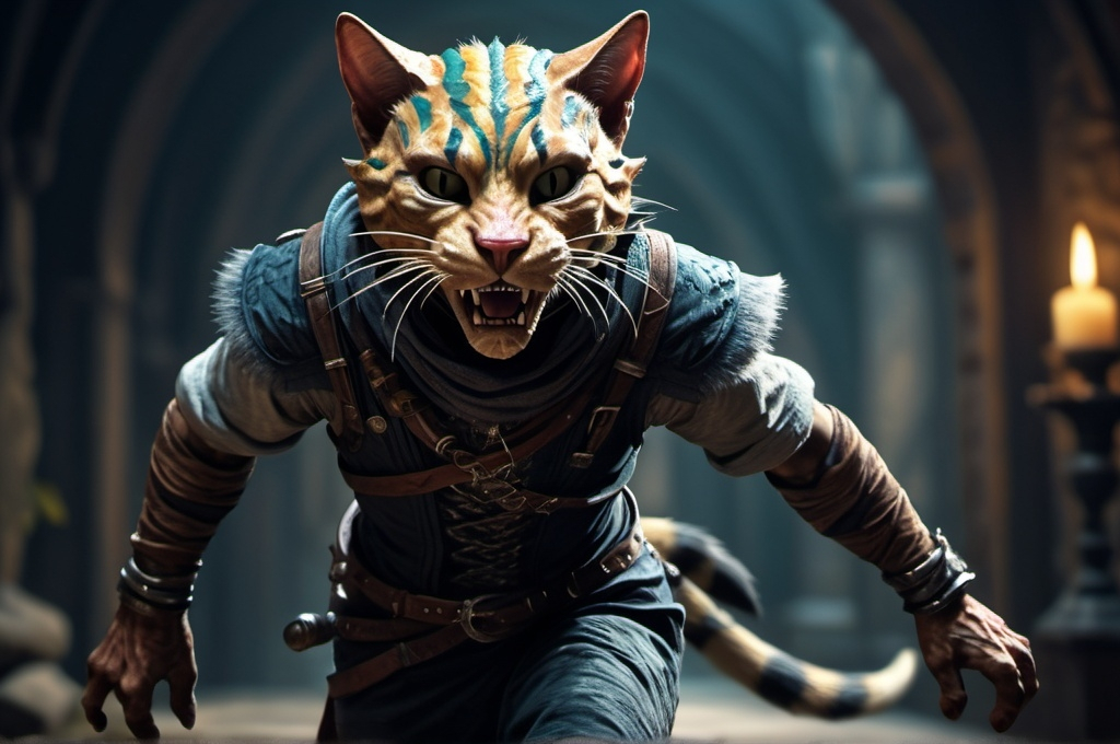 Prompt: khajiit male rogue running from a mimic fantasy, whimsical, gothic.mythical UHD, 4k,intricately detailed, deep colors, high contrast (UHD, 4k,intricately detailed, deep colors, high contrast)