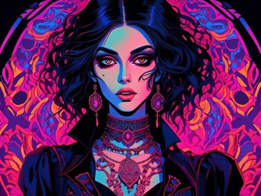 Prompt: <mymodel>70s black light poster, retro goth vampire babe, vibrant, psychedelic, high quality, vector illustration, retro, vibrant colors, neon lighting, details, vintage, psychedelic art, retro fashion, glow effects, detailed hair, mesmerizing eyes