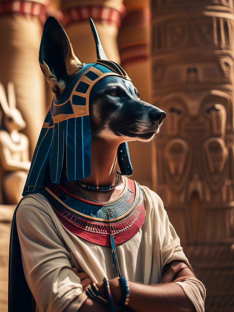 Prompt: <mymodel>Egyptian man with jackal mask, (Anubis helmet) ( red, black, and beige helmet), in ancient Egyptian clothing, in temple. Standing with jackal dog. detailed, realistic, 4k, high saturation of color,  high contrast