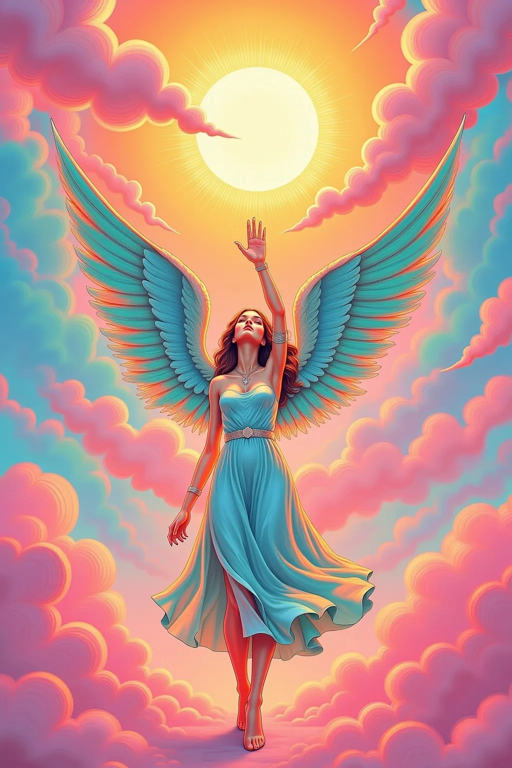 Prompt:  woman with angel wings, halo, reaching up towards an orb of light, bold, pop art, pastel colors