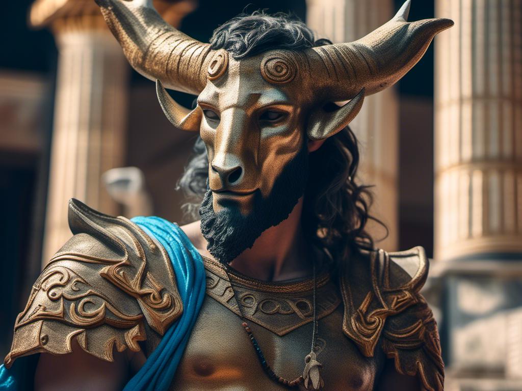 Prompt: <mymodel>Greek man with bull head (strong) (minotaur)  in ancient Greek clothing, in temple. guarding tomb . detailed, realistic, 4k, high saturation of color,  high contrast