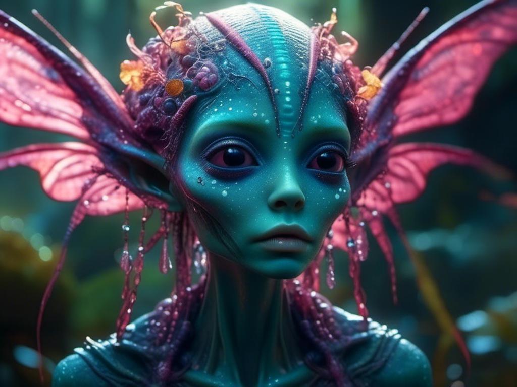 Prompt: <mymodel>cute fairy alien in swamp horror   (UHD, 4k,intricately detailed, deep color, high contrast)