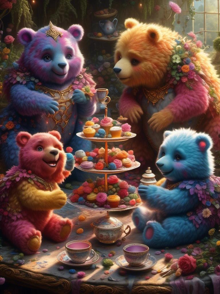 Prompt: <mymodel> cute, fuzzy, carebears at a tea party .UHD, 4k,intricately detailed, deep colors, high contrast (UHD, 4k,intricately detailed, deep colors, high contrast)