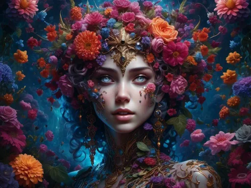 Prompt: <mymodel> , flower woman, mythical, piercings  .UHD, 4k,intricately detailed, deep colors, high contrast (UHD, 4k,intricately detailed, deep colors, high contrast)