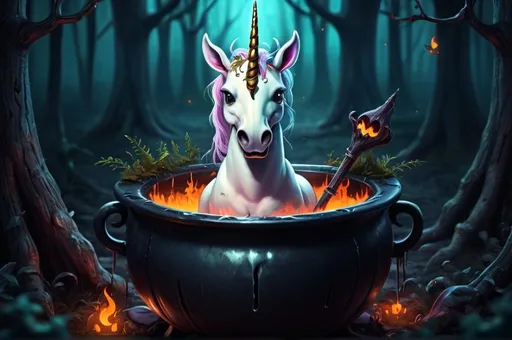 Prompt: cartoon, illustration, death unicorn happy, in cauldron spooky forest fantasy, whimsical, gothic.mythical  UHD, 4k,intricately detailed, deep colors, high contrast (UHD, 4k,intricately detailed, deep colors, high contrast)