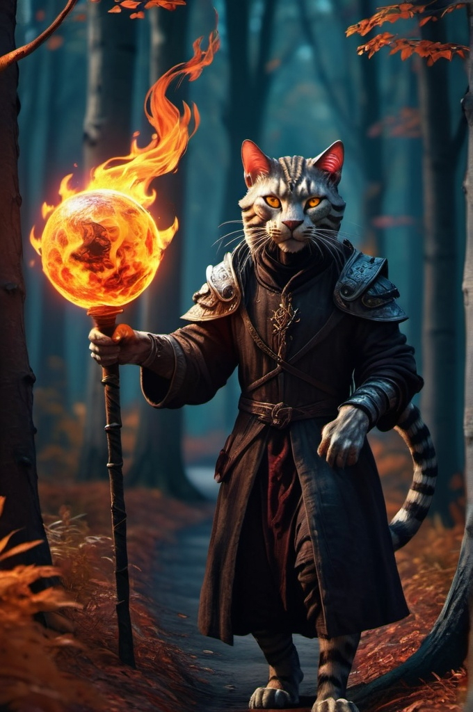 Prompt: khajiit with giant staff with flaming orb, on widing path in forest autumn  windy  and  night  fantasy, whimsical, gothic.mythical UHD, 4k,intricately detailed, deep colors, high contrast (UHD, 4k,intricately detailed, deep colors, high contrast)