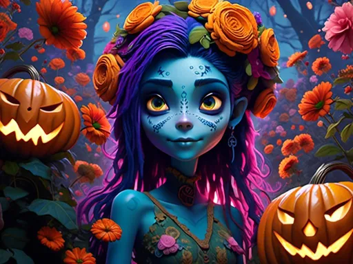 Prompt: <mymodel> jack-o'-lantern in flower garden ( Coraline art style) .UHD, 4k,intricately detailed, deep colors, high contrast (UHD, 4k,intricately detailed, deep colors, high contrast)