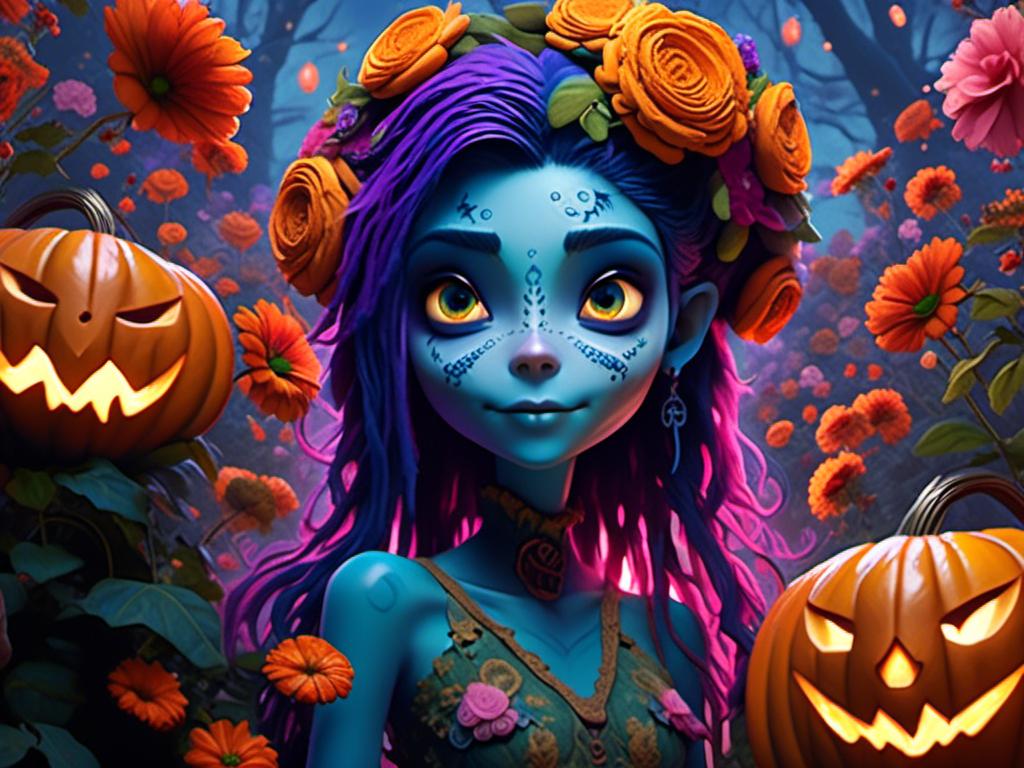 Prompt: <mymodel> jack-o'-lantern in flower garden ( Coraline art style) .UHD, 4k,intricately detailed, deep colors, high contrast (UHD, 4k,intricately detailed, deep colors, high contrast)