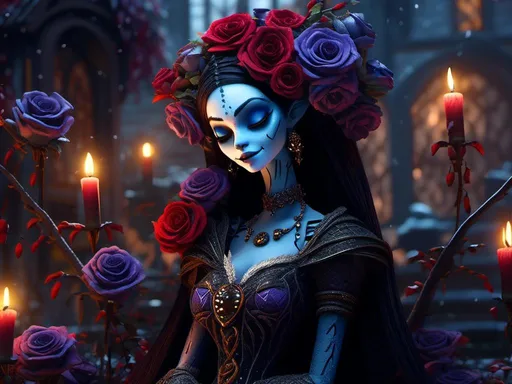 Prompt: <mymodel> queen with black roses standing in courtyard(nightmare before Christmas art style) .UHD, 4k,intricately detailed, deep colors, high contrast (UHD, 4k,intricately detailed, deep colors, high contrast)