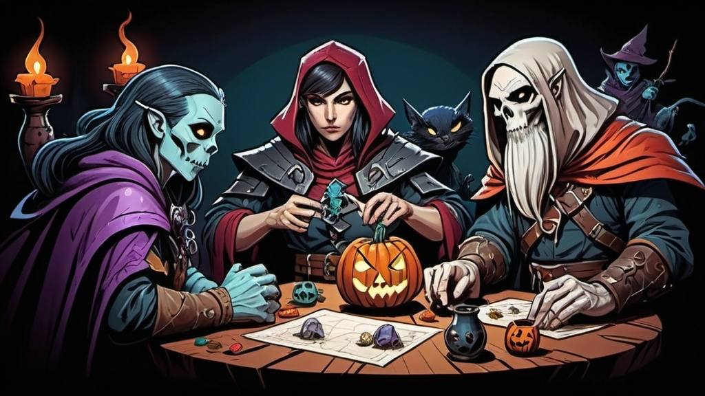 Prompt: Halloween people playing dungeons and dragons cartoon, illustration (UHD, 4k,intricately detailed, deep colors, high contrast)