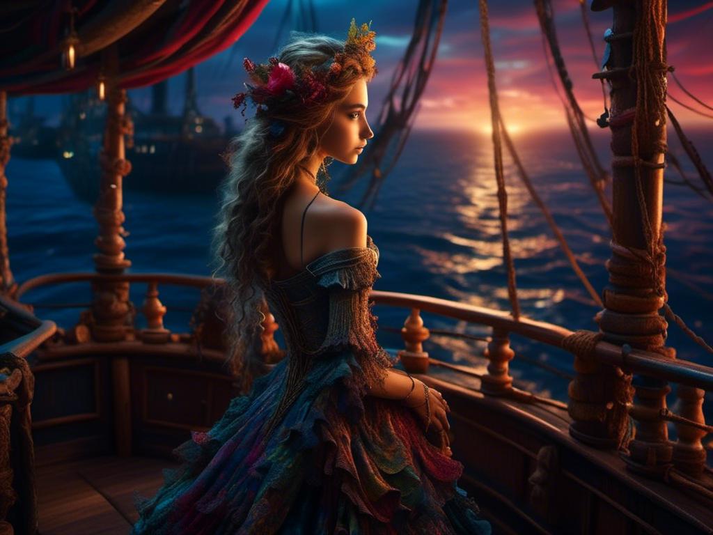 Prompt: <mymodel> woman looking into the high sea fantastical, pirate, standing on deck of ship, night, rich colors, and whimsical  (UHD, 4k,intricately detailed, deep colors, high contrast)