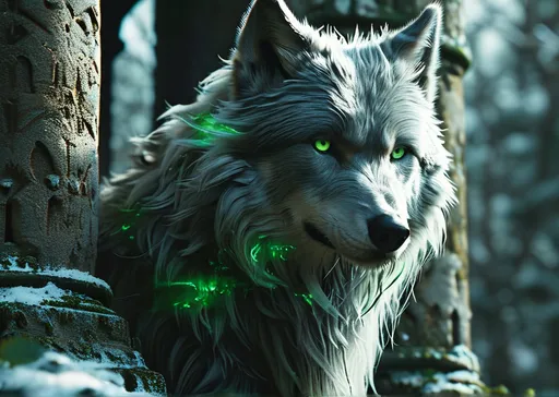 Prompt: fenrir with green glowing eyes staring, snarling. in nordic castle. (giant wolf) (nordic) (fantasy) UHD, 4k,intricately detailed, deep colors, high contrast