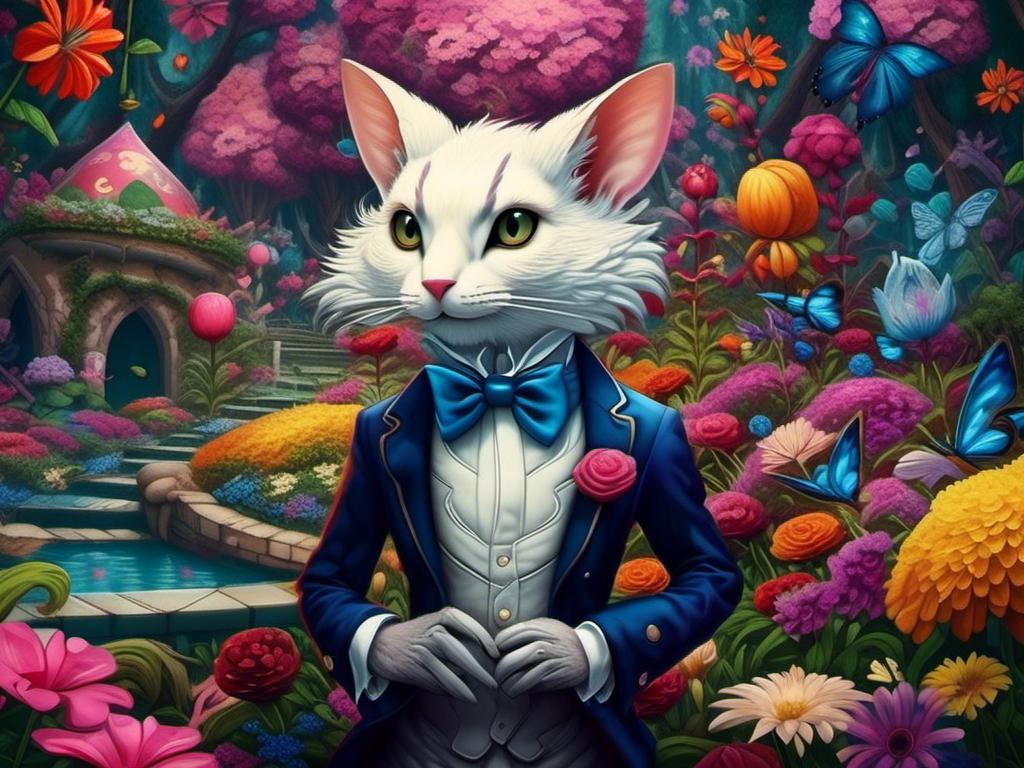 Prompt: <mymodel> oxolotle in tuxedo in flower garden (Alice in Wonderland art style) .UHD, 4k,intricately detailed, deep colors, high contrast (UHD, 4k,intricately detailed, deep colors, high contrast)