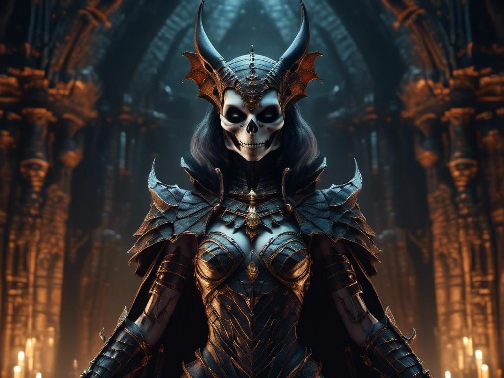 Prompt: <mymodel>skeleton bat anthro female queen, warrior, elegant armor in dark tomb, moonlit, dungeons and dragons art style (UHD, 4k,intricately detailed, deep colors, high contrast)