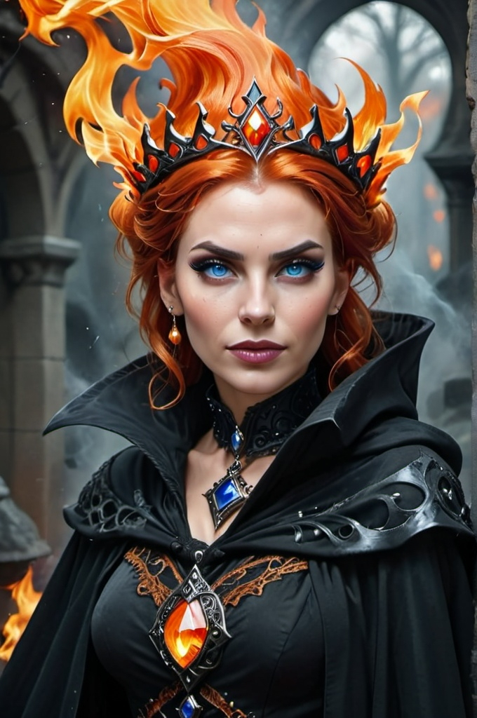 Prompt: magical evil queen (orange and black hair ) (blue eyes) wearing a choker, cloak (fire element) mystical being , UHD, 4k,intricately detailed, deep colors, high contrast