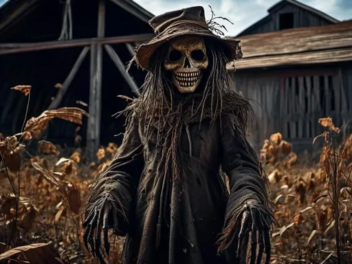 Prompt: <mymodel>Halloween scary scarecrow alien in abandoned barn horror, crows everywhere  (UHD, 4k,intricately detailed, deep color, high contrast)