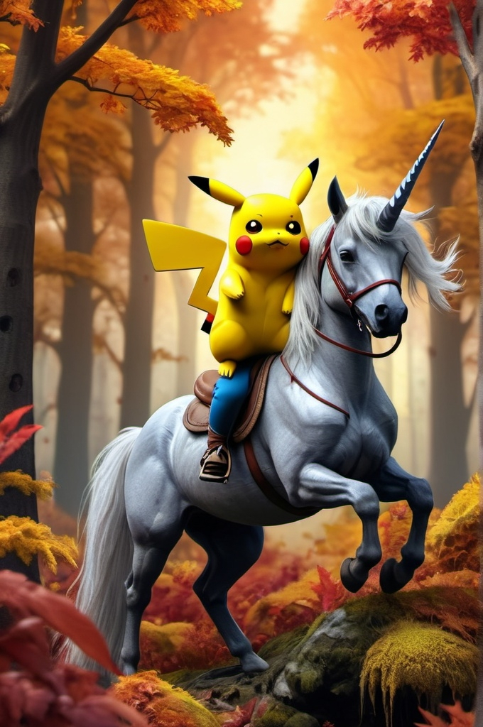 Prompt: Pikachu riding a unicorn in autumn forest fantasy, whimsical, gothic.mythical  UHD, 4k,intricately detailed, deep colors, high contrast (UHD, 4k,intricately detailed, deep colors, high contrast)