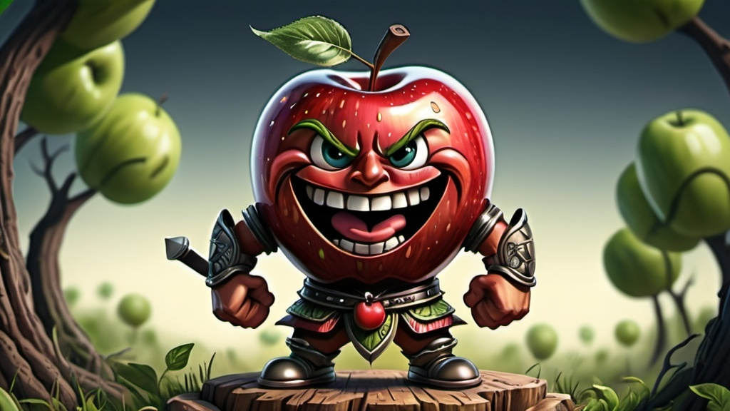 Prompt: Happy apple warrior cartoon, illustration (UHD, 4k,intricately detailed, deep colors, high contrast)