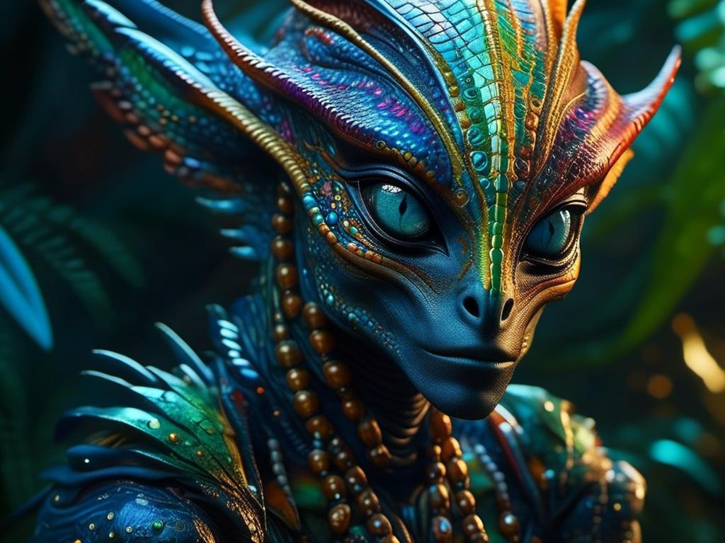 Prompt: <mymodel> lizard Humaniod alien, elegant, irridecent, colourful, in jungle palace  (UHD, 4k,intricately detailed, deep color, high contrast)