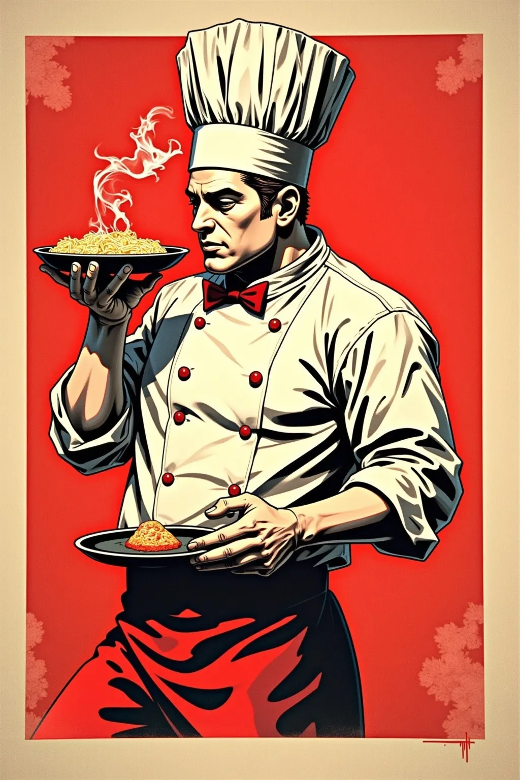 Prompt: French chef, cooking, pop art, pulp fiction comic, 