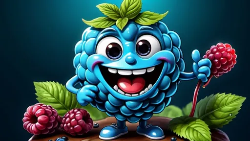 Prompt: Happy blue raspberry adventurer cartoon, illustration (UHD, 4k,intricately detailed, deep colors, high contrast)