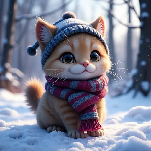 Prompt: a cat with a hat and scarf on in the snow with a scarf around its neck and a cat's head, Chris LaBrooy, furry art, cgstudio, an ambient occlusion render