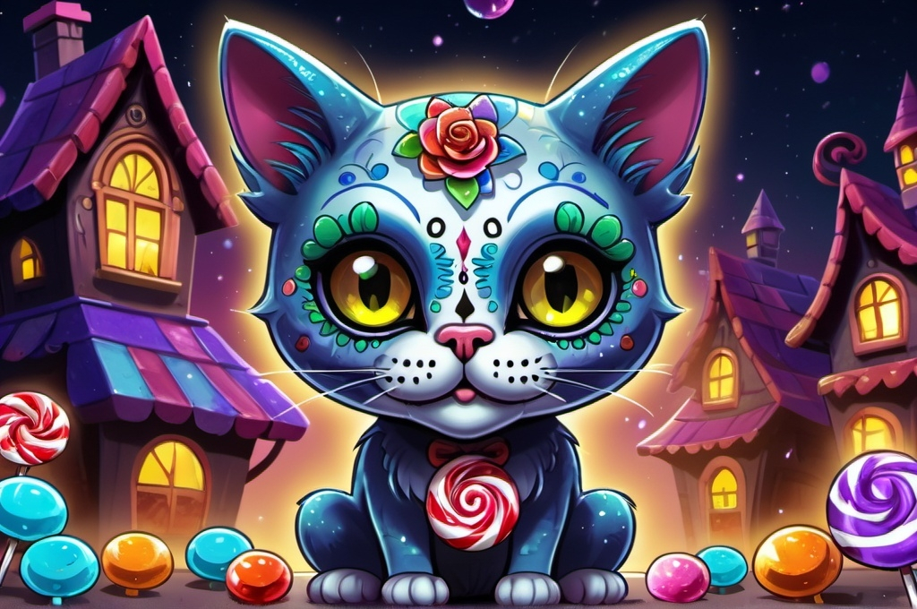 Prompt: cartoon, illustration, sugar skull cat with  sparkling candy  happy, floating, sparkly, spooky house (neopets art style) fantasy, whimsical, gothic.mythical  UHD, 4k,intricately detailed, deep colors, high contrast (UHD, 4k,intricately detailed, deep colors, high contrast)