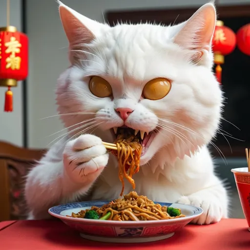 Prompt: Cat eating Chinese food 