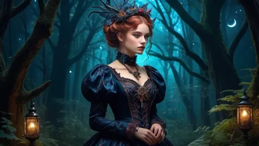 Prompt: character, mystical, starry, in beautiful Victorian clothing, in fantasy forest (scorpio) (UHD, 4k,intricately detailed, deep colors, high contrast)