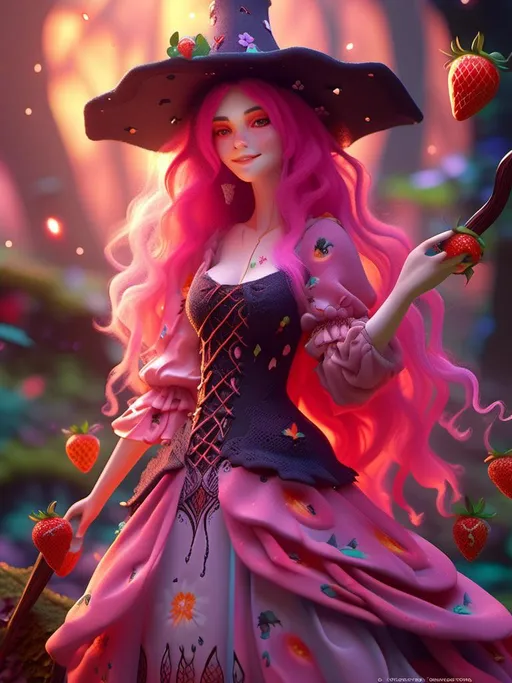 Prompt: <mymodel>Witch woman (curvy figure), joyful expression, pink long hair flowing, wearing a whimsical strawberry-patterned dress, holding a magical broom gracefully, enchanting atmosphere, vibrant colors, warm sunlight illuminating her, dreamy background with softly blurred forest, high-quality HD image, whimsical and magical vibe.(gothic) , UHD, 4k,intricately detailed, deep colors, high contrast (UHD, 4k,intricately detailed, deep colors, high contrast)