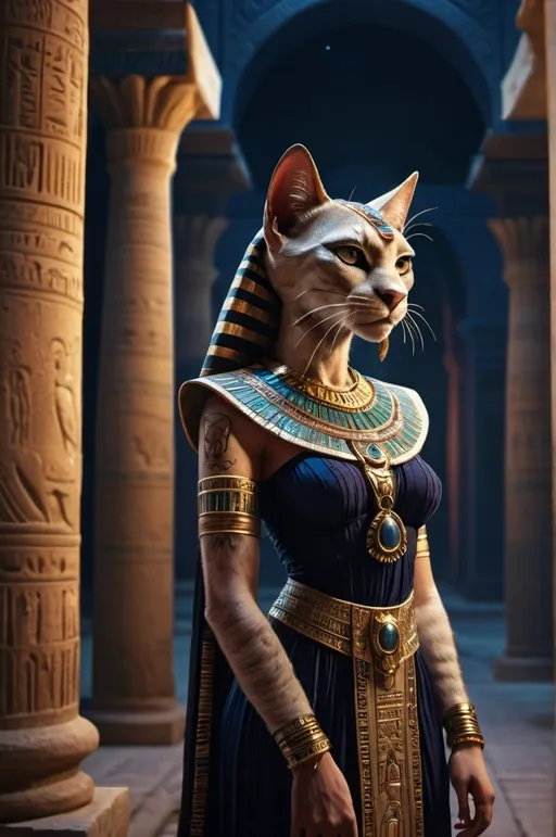 Prompt: khajiit female, ancient egypt in palace, at night, in egyptian dress, standing in courtyard fantasy, whimsical, gothic.mythical UHD, 4k,intricately detailed, deep colors, high contrast (UHD, 4k,intricately detailed, deep colors, high contrast)