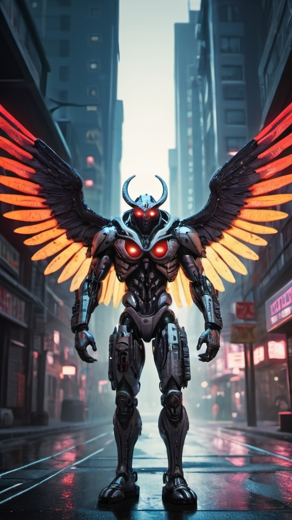 Prompt: Cyborg, mothman, anthro, metalic, in cyberpunk city .UHD, 4k,intricately detailed, deep colors, high contrast (UHD, 4k,intricately detailed, deep colors, high contrast)