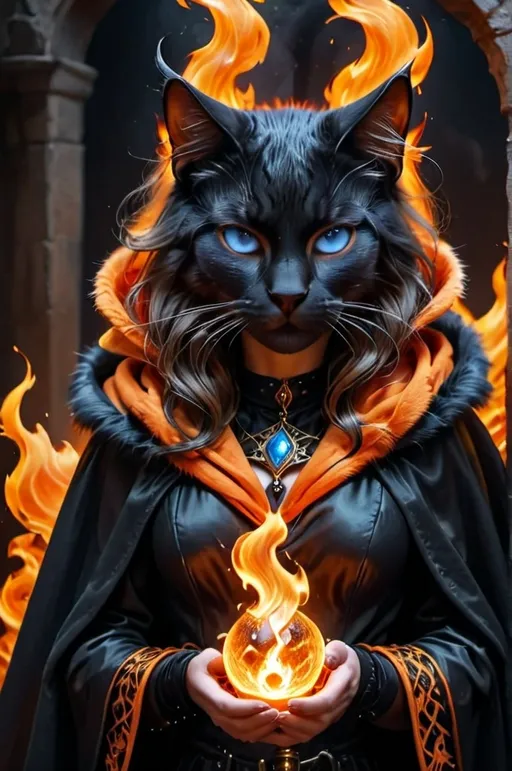 Prompt: magical cat woman (orange and black fur) (blue eyes) wearing a choker, cloak (fire element) mystical being , UHD, 4k,intricately detailed, deep colors, high contrast