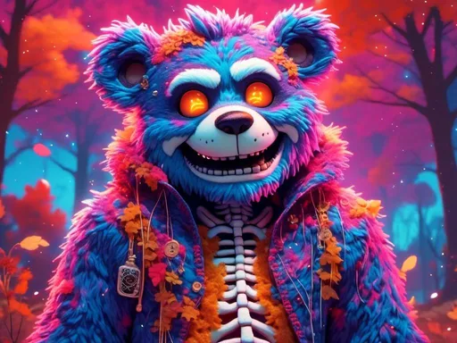 Prompt: <mymodel> (care bear) care bear skeleton (spooky surroundings) (colored fur) (Halloween), detailed, cartoon, high saturation of color, cartoon,  4k, high saturation of color, high contrast